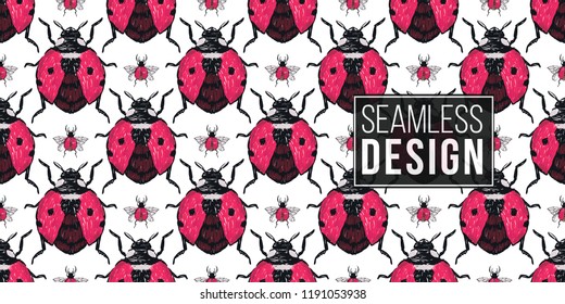 Seamless pattern with embroidery flying ladybag and red bug. Fashion patch background with insects. 