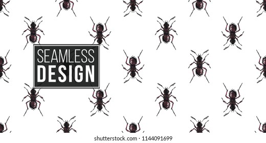 Seamless pattern with embroidery forest ant. Fashion patch background with insects. 