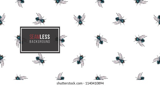 Seamless pattern with embroidery green fly. Fashion patch background with insects. 
