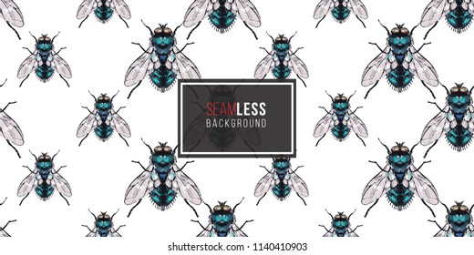 Seamless pattern with embroidery green fly. Fashion patch background with insects. 