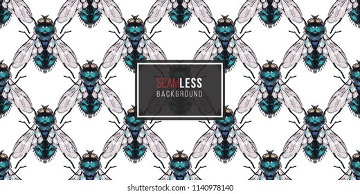 Seamless pattern with embroidery green fly. Fashion patch background with insects. 