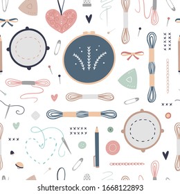 Seamless pattern with embroidery illustrations. Vector digital paper with cute hand drawn equipment for craft, sewing and hand made