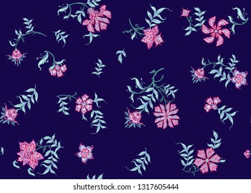 Seamless pattern  with embroidery imitation with ethnic pattern in kalymkari style, fantasy floral pattern. Colored vector illustration. 