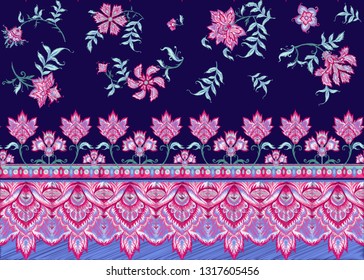 Seamless pattern  with embroidery imitation with ethnic pattern in kalymkari style, fantasy floral pattern. Colored vector illustration. 