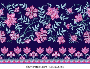 Seamless pattern  with embroidery imitation with ethnic pattern in kalymkari style, fantasy floral pattern. Colored vector illustration. 