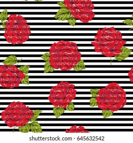 Seamless pattern with embroidery imitation red roses on black and white stripe background. Stock line vector illustration. 