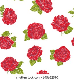 Seamless pattern with embroidery imitation red roses on white background. Stock line vector illustration.