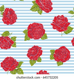 Seamless pattern with embroidery imitation red roses on blue and white stripe background. Stock line vector illustration. 