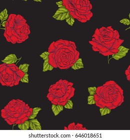Seamless pattern with embroidery imitation red roses on black background. Stock line vector illustration.