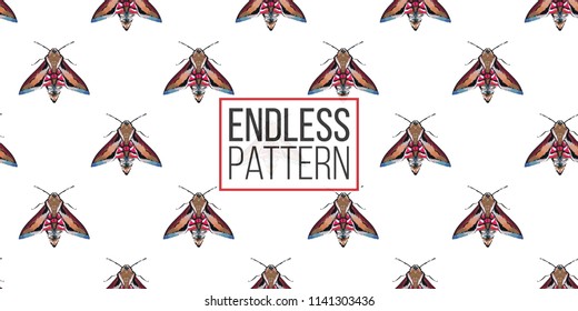 Seamless pattern with embroidery night butterfly. Fashion patch background with insects. 