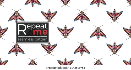 Seamless pattern with embroidery night butterfly. Fashion patch background with insects. 
