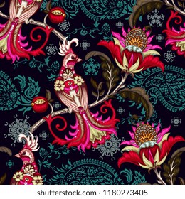 Seamless pattern with embroidery paradise bird 