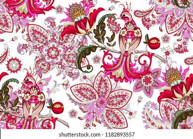 Seamless pattern with embroidery paradise bird 