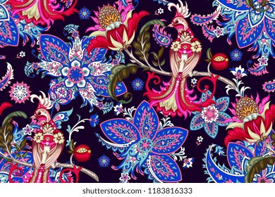Seamless pattern with embroidery paradise bird 