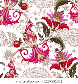 Seamless pattern with embroidery paradise bird 