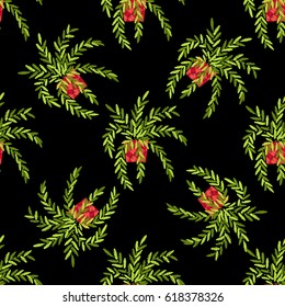 Seamless pattern with embroidery plants on the black background. Vector fashion embroidered succulent flower ornament. Fabric traditional folk decoration. 