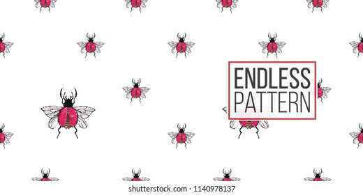 Seamless pattern with embroidery red flying bug. Fashion patch background with insects. 
