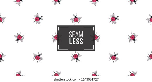 Seamless pattern with embroidery red flying bug. Fashion patch background with insects. 
