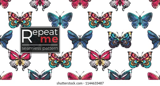 Seamless pattern with embroidery small and big, red, blue and colorful tropical butterflies. Fashion patch background with insects. 