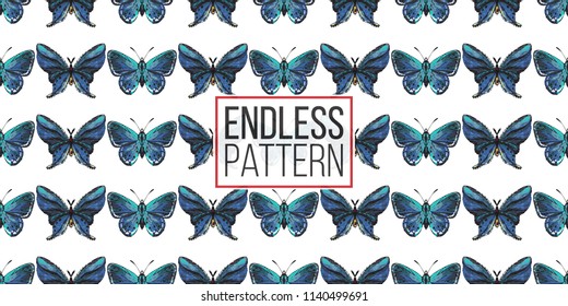 Seamless pattern with embroidery small blue butterflies. Fashion patch background with insects. 