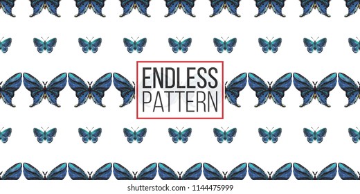 Seamless pattern with embroidery small blue butterflies. Fashion patch background with insects. 