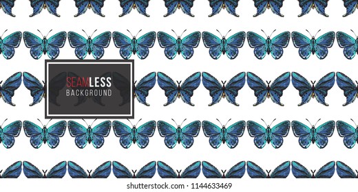 Seamless pattern with embroidery small blue butterflies. Fashion patch background with insects. 
