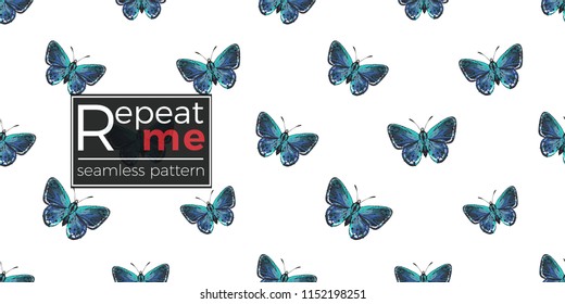 Seamless pattern with embroidery small blue butterfly. Fashion patch background with insects. 