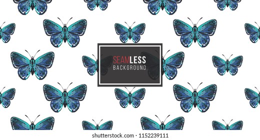 Seamless pattern with embroidery small blue butterfly. Fashion patch background with insects. 