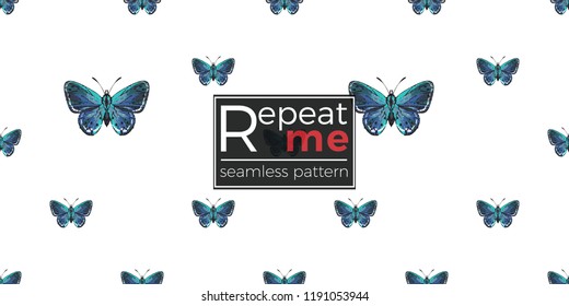 Seamless pattern with embroidery small blue butterfly. Fashion patch background with insects. 