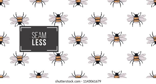 Seamless pattern with embroidery small funny bee. Fashion patch background with insects. 