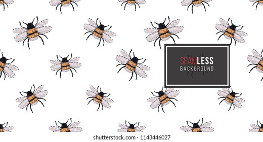 Seamless pattern with embroidery small funny bee. Fashion patch background with insects. 