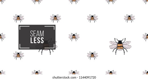 Seamless pattern with embroidery small funny bee. Fashion patch background with insects. 
