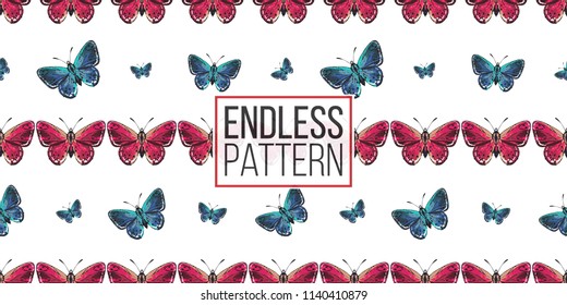 Seamless pattern with embroidery small red and blue butterflies. Fashion patch background with insects. 