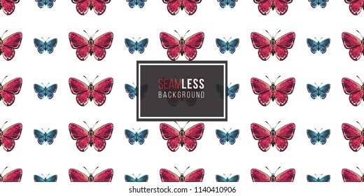 Seamless pattern with embroidery small red and blue butterflies. Fashion patch background with insects. 