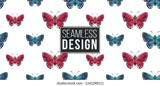 Seamless pattern with embroidery small red and blue butterflies. Fashion patch background with insects. 