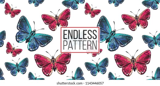 Seamless pattern with embroidery small red and blue butterflies. Fashion patch background with insects. 