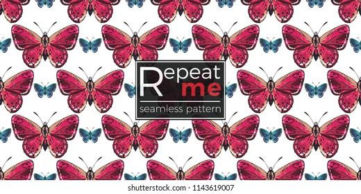 Seamless pattern with embroidery small red and blue butterflies. Fashion patch background with insects. 