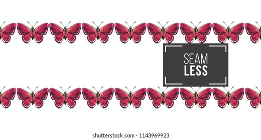 Seamless pattern with embroidery small red and blue butterflies. Fashion patch background with insects. 