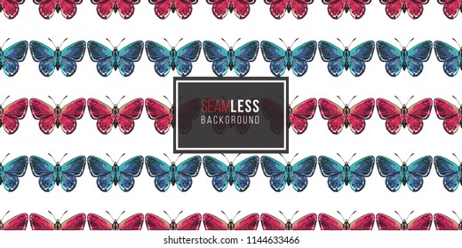 Seamless pattern with embroidery small red and blue butterflies. Fashion patch background with insects. 