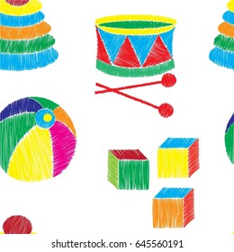 Seamless pattern embroidery stitches. Embroidery baby. Vector illustration. For tissue, napkins, Wallpaper, tulle, card, children embroidery. children's pyramid, ball, drum, blocks