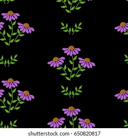 Seamless pattern with embroidery stitches imitation flower and green leaf illustration. Floral embroidery pattern background for printing on fabric, paper for scrapbook, gift wrap and wallpapers