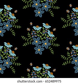 Seamless pattern with embroidery stitches imitation blue flower and green leaf. Floral embroidery pattern vector background for printing on fabric, paper for scrapbook, gift wrap and wallpapers.