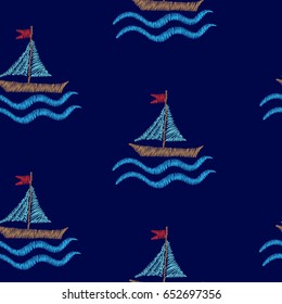 Seamless pattern with embroidery stitches imitation boat and wave illustration. Marine embroidery pattern vector background for printing on fabric, paper for scrapbook, gift wrap and wallpapers.