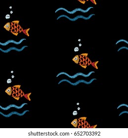 Seamless pattern with embroidery stitches imitation fish and wave illustration. Marine embroidery pattern vector background for printing on fabric, paper for scrapbook, gift wrap and wallpapers.