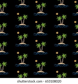 Seamless pattern with embroidery stitches imitation palm tree with wave and sun. Exotic palm embroidery pattern vector background for printing on fabric, paper for scrapbook, gift wrap and wallpapers.
