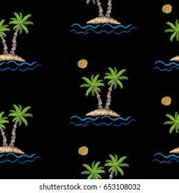 Patrón sin soldadura con puntos bordados imitación de palmera con onda y sol. Fondo vectorial exótico de bordado de palma para impresión en tela, papel para álbumes, envoltura de regalo y papel tapiz.
