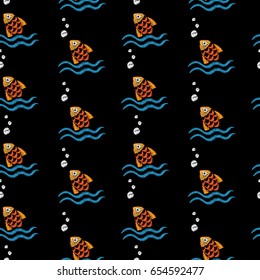 Seamless pattern with embroidery stitches imitation little fish and wave. Marine embroidery pattern vector background for printing on fabric, paper for scrapbook, gift wrap and wallpapers.