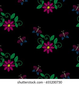 Seamless pattern with embroidery stitches imitation flower,butterfly and green leaf. Floral embroidery pattern vector background for printing on fabric, paper for scrapbook, gift wrap and wallpapers.