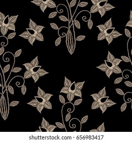Seamless pattern with embroidery stitches imitation vintage flower. Beige flower embroidery pattern for printing on fabric, paper for scrapbook, gift wrap and wallpapers.