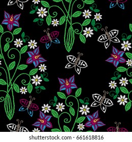 Seamless pattern with embroidery stitches imitation flower and leaf with butterfly. Folk flower embroidery pattern for printing on fabric, paper for scrapbook, gift wrap and wallpapers.